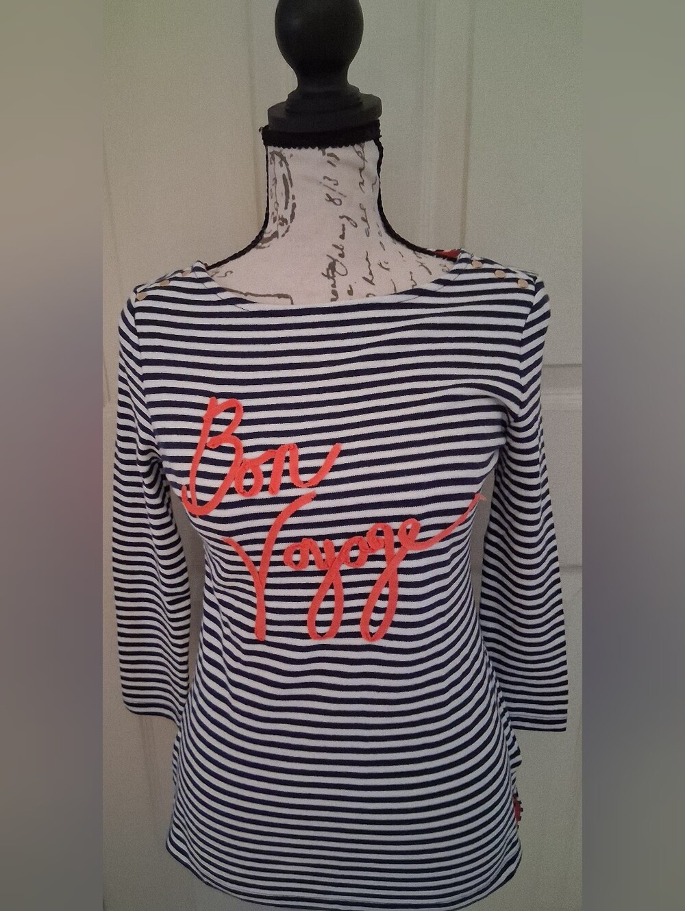 NWT Charter Club Navy and White Striped Long Sleeve Tee with Coral Script